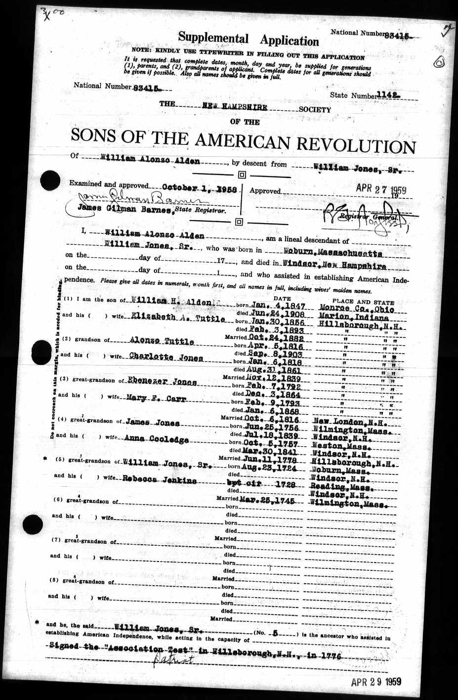 U.S., Sons of the American Rev Membership App, 1889-1970 Typed
